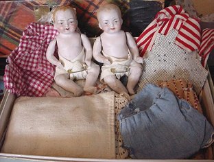 Tiny little 3 china and bisque dolls, Merry Christmas doll antique (item #1335692)